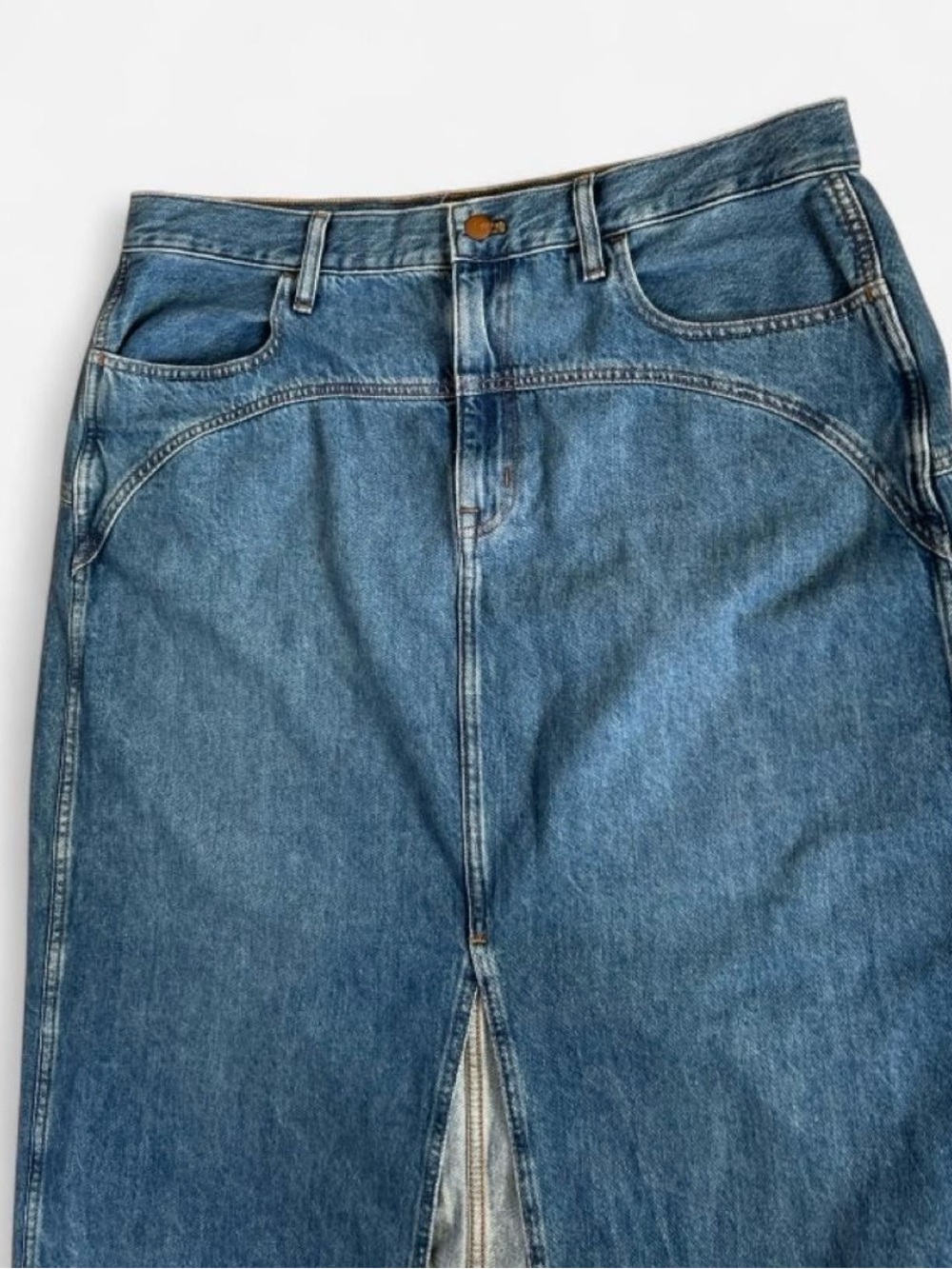 NWOT Madewell Blue Denim Western
Maxi Skirt Boho Front Slit Yolk Size 39" Fall - Picture 7 of 12